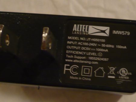 ALTEC JT-H050100 ALTEC 5V USB CHARGER FOR IMW257, IMW448, IMW577 WIRELESS SPEAKER  5V, 100mA Supply